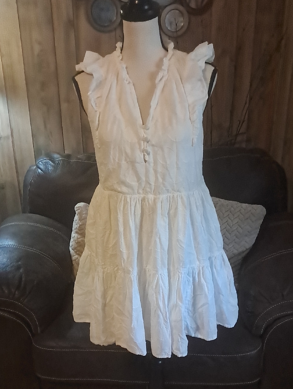 Greylin White Ruffle-Trim Tiered Cotton Mini Dress Boho Milkmaid Cottagecore